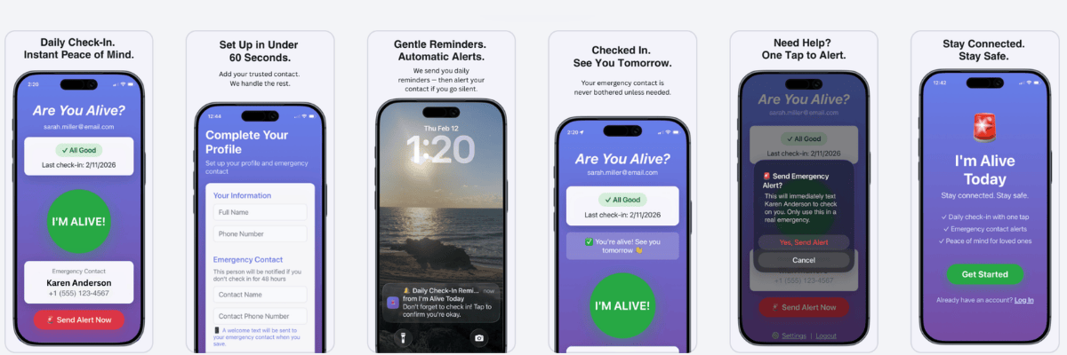 I'm Alive Today app screenshots — the US answer to Demumu, with daily check-in, SMS alerts, and an emergency alert button